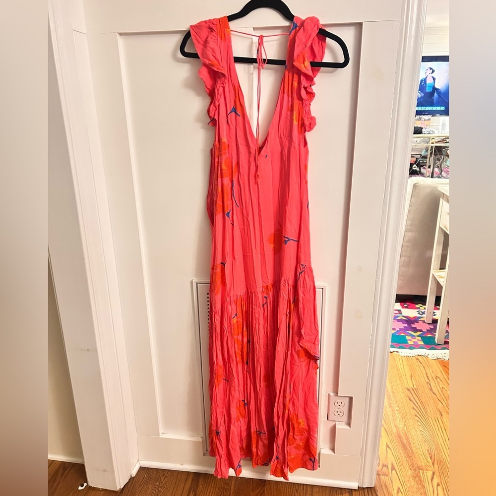 Free People She's A Waterfall Hot Pink Floral Print Ruffled Maxi Dress size 0 - Picture 7 of 7